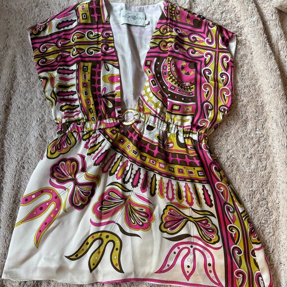 Lined silk Alice & Trixie blouse w/ elastic waist, low V-neck, Preowned, Size M - Picture 2 of 8